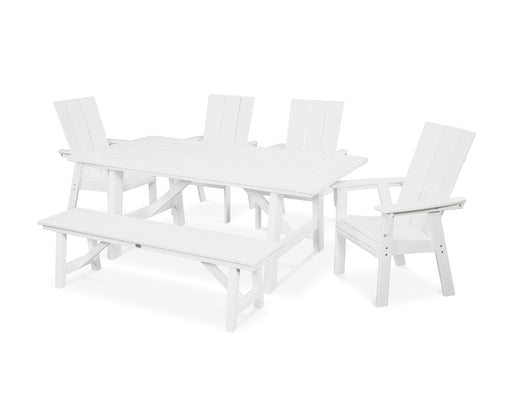 POLYWOOD Modern Curveback Adirondack 6-Piece Rustic Farmhouse Dining Set with Bench in White image