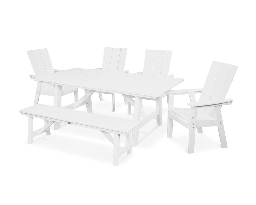 POLYWOOD Modern Curveback Adirondack 6-Piece Rustic Farmhouse Dining Set with Bench in White image