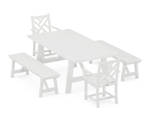 POLYWOOD Chippendale 5-Piece Rustic Farmhouse Dining Set With Benches in White image