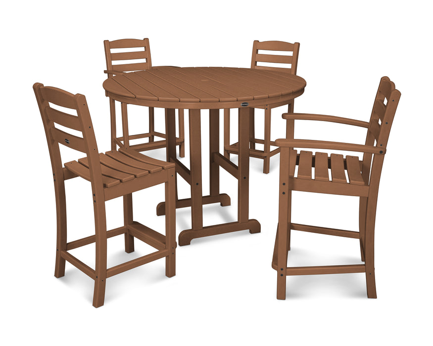 POLYWOOD La Casa Cafe 5-Piece Round Farmhouse Counter Dining Set in Teak