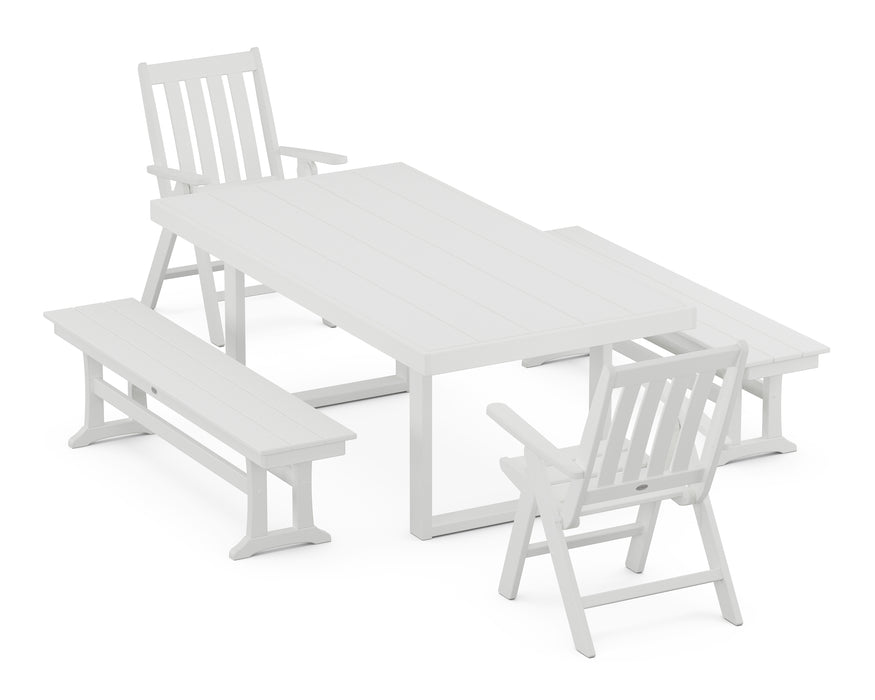 POLYWOOD Vineyard Folding Chair 5-Piece Dining Set with Benches in White