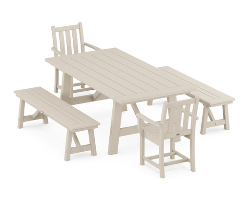 POLYWOOD Traditional Garden 5-Piece Rustic Farmhouse Dining Set With Benches in Sand image