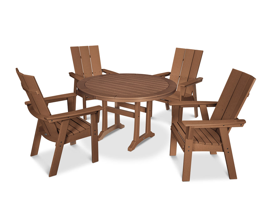 POLYWOOD Modern Curveback Adirondack 5-Piece Nautical Trestle Dining Set in Teak image