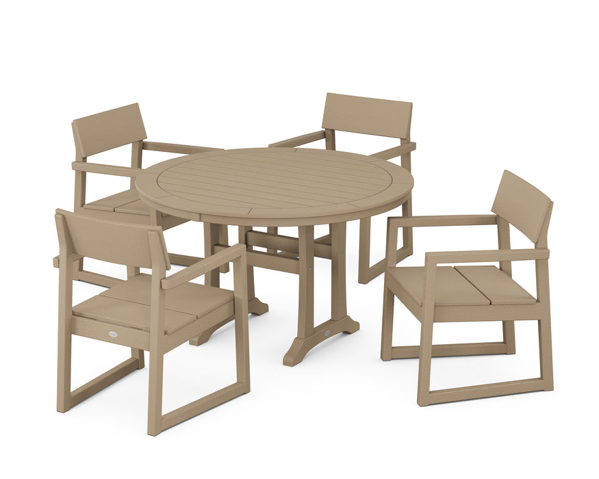 POLYWOOD EDGE 5-Piece Round Dining Set with Trestle Legs in Vintage Sahara