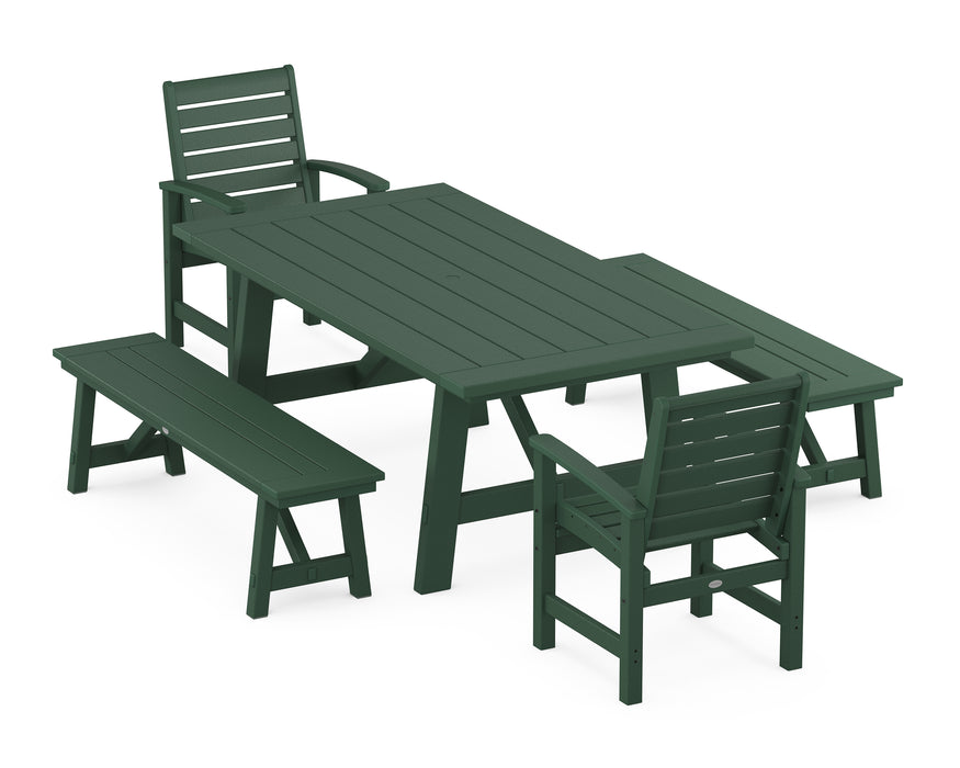 POLYWOOD Signature 5-Piece Rustic Farmhouse Dining Set With Benches in Green image