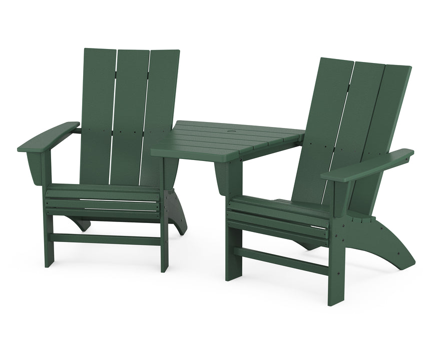 POLYWOOD Modern 3-Piece Curveback Adirondack Set with Angled Connecting Table in Green image