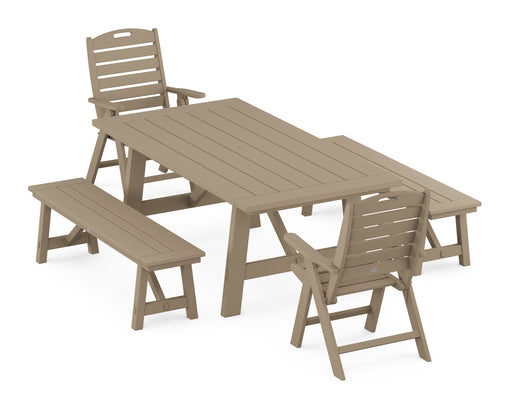 POLYWOOD Nautical Highback Chair 5-Piece Rustic Farmhouse Dining Set With Benches in Vintage Sahara image