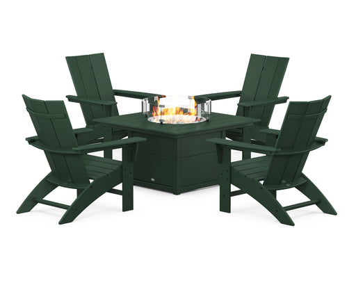 POLYWOOD Modern Curveback Adirondack 5-Piece Conversation Set with Fire Pit Table in Green image