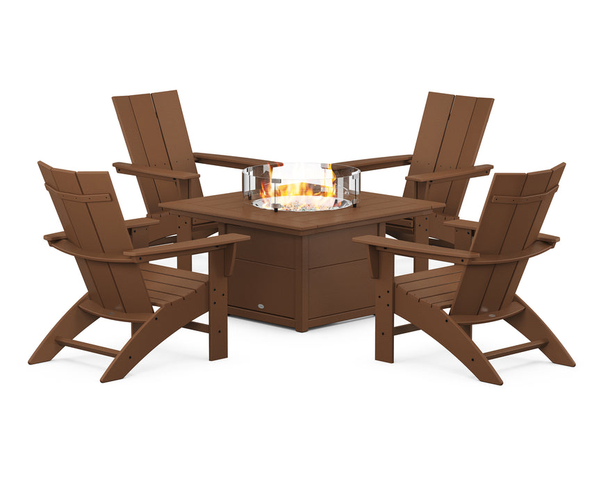 POLYWOOD Modern Curveback Adirondack 5-Piece Conversation Set with Fire Pit Table in Teak image