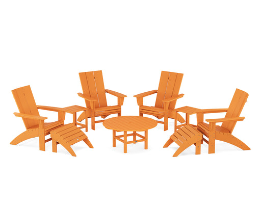 POLYWOOD Modern Curveback Adirondack Chair 9-Piece Conversation Set in Tangerine image