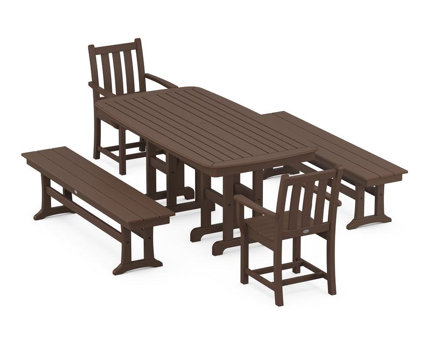 POLYWOOD Traditional Garden 5-Piece Dining Set with Benches in Mahogany