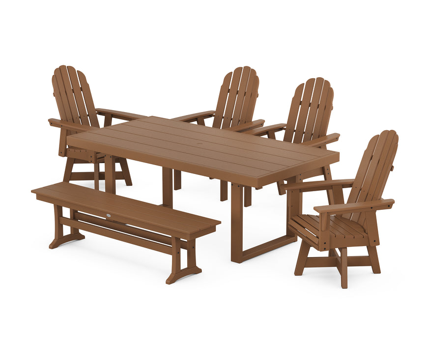 POLYWOOD Vineyard Curveback Adirondack Swivel Chair 6-Piece Dining Set with Bench in Teak