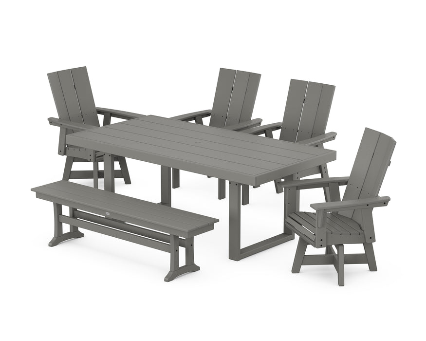 POLYWOOD Modern Curveback Adirondack Swivel Chair 6-Piece Dining Set with Bench in Slate Grey image