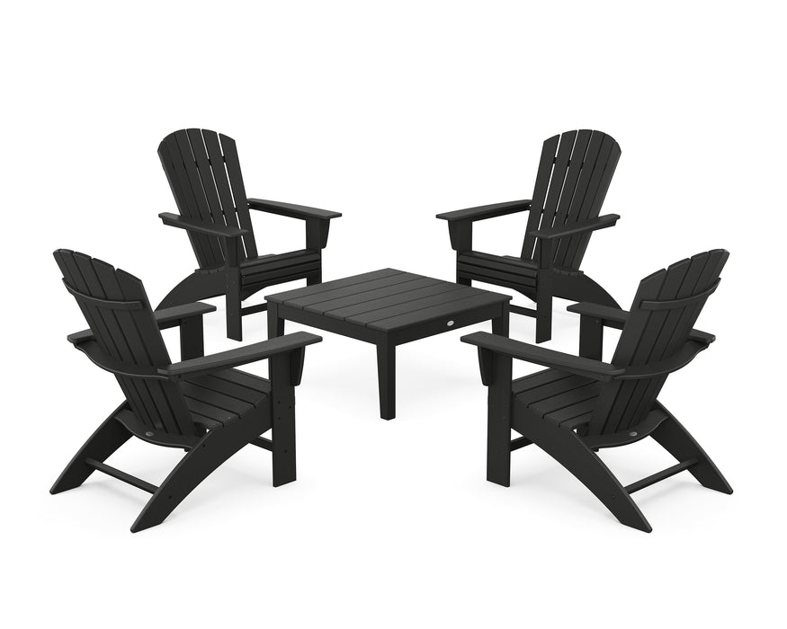 POLYWOOD 5-Piece Nautical Curveback Adirondack Chair Conversation Set with 36" Conversation Table in Black image