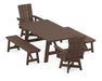 POLYWOOD Modern Curveback Adirondack Swivel Chair 5-Piece Rustic Farmhouse Dining Set With Benches in Mahogany image