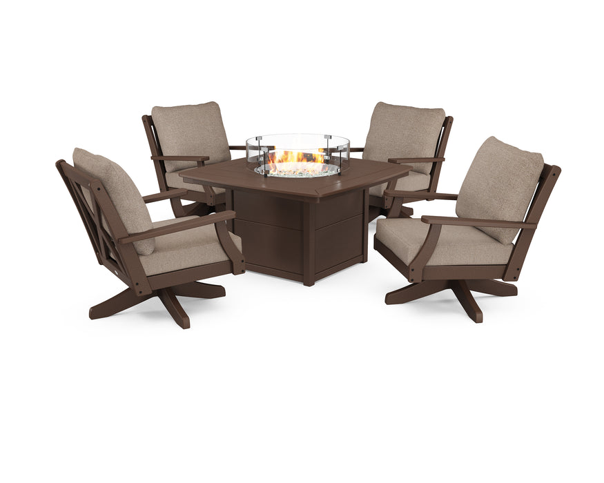 POLYWOOD Braxton 5-Piece Deep Seating Swivel Conversation Set with Fire Pit Table in Mahogany / Spiced Burlap image