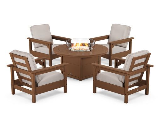 POLYWOOD Club 5-Piece Conversation Set with Fire Pit Table in Teak / Dune Burlap image