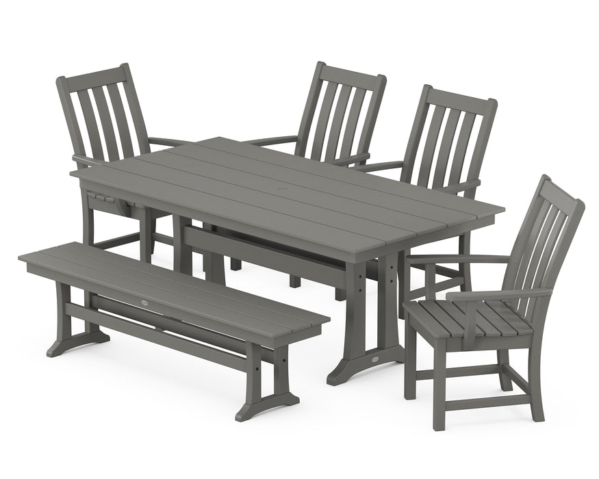 POLYWOOD Vineyard 6-Piece Arm Chair Farmhouse Dining Set with Trestle Legs and Bench in Slate Grey