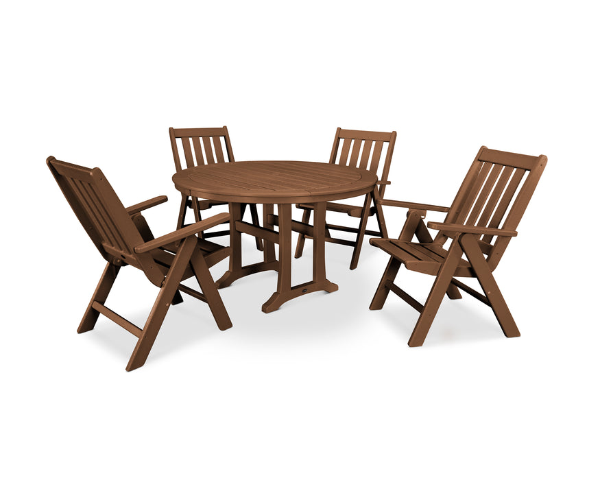 POLYWOOD Vineyard Folding Chair 5-Piece Round Dining Set with Trestle Legs in Teak