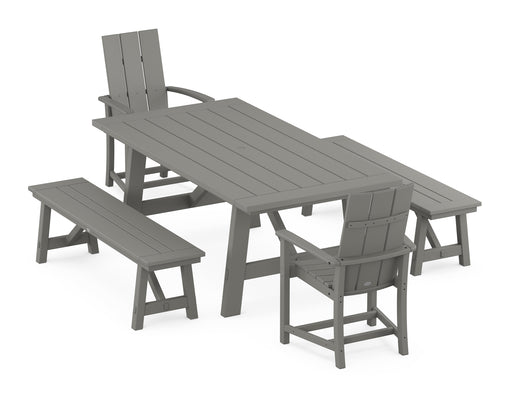 POLYWOOD Modern Adirondack 5-Piece Rustic Farmhouse Dining Set With Benches in Slate Grey image