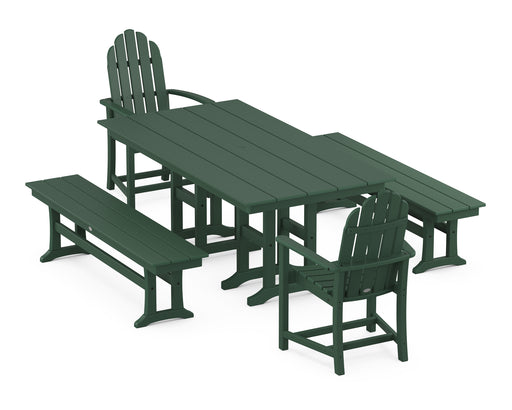 POLYWOOD Classic Adirondack 5-Piece Farmhouse Dining Set with Benches in Green image