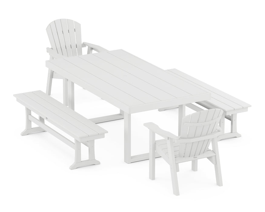 POLYWOOD Seashell 5-Piece Dining Set with Benches in White