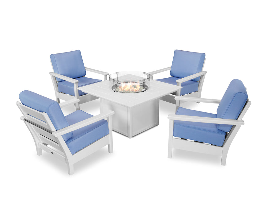 POLYWOOD Harbour 5-Piece Conversation Set with Fire Pit Table in White / Air Blue image