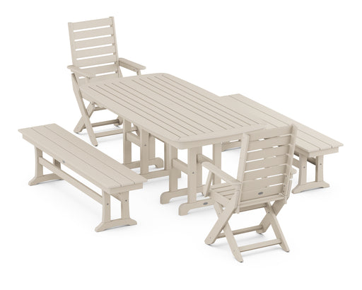 POLYWOOD Captain 5-Piece Dining Set with Benches in Sand image