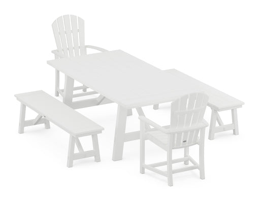 POLYWOOD Palm Coast 5-Piece Rustic Farmhouse Dining Set With Benches in White image