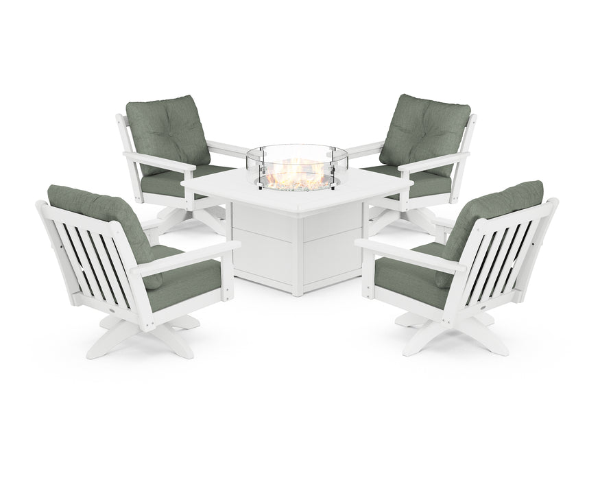 POLYWOOD Vineyard 5-Piece Deep Seating Swivel Conversation Set with Fire Pit Table in White / Cast Sage