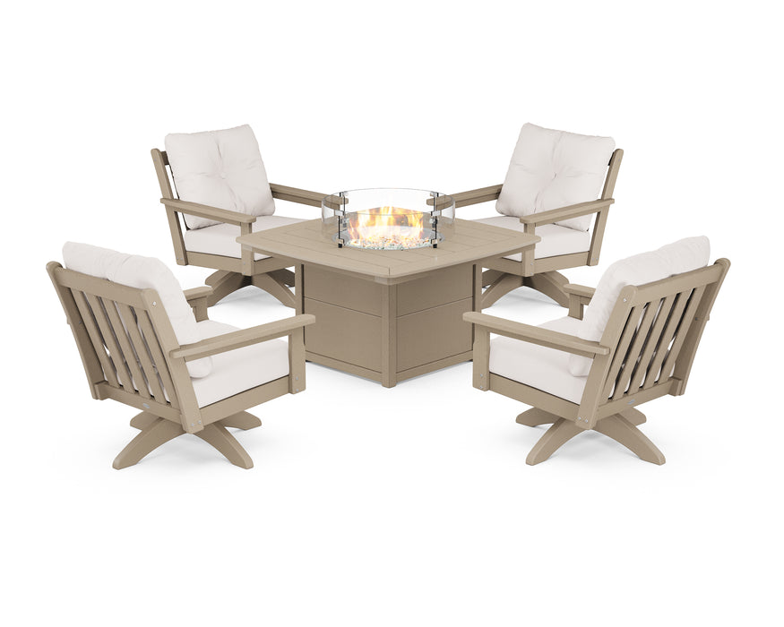 POLYWOOD Vineyard 5-Piece Deep Seating Swivel Conversation Set with Fire Pit Table in Vintage Sahara / Bird's Eye