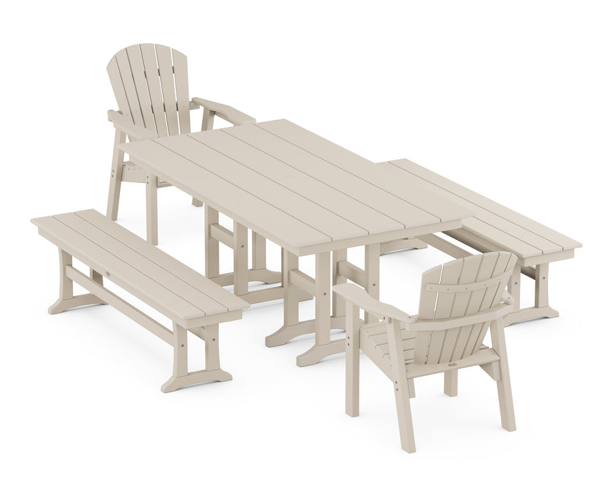 POLYWOOD Seashell 5-Piece Farmhouse Dining Set with Benches in Sand image