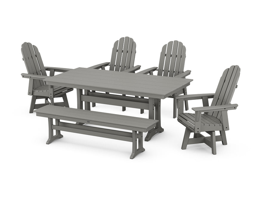 POLYWOOD Vineyard Curveback Adirondack 6-Piece Swivel Chair Farmhouse Dining Set with Trestle Legs and Bench in Slate Grey