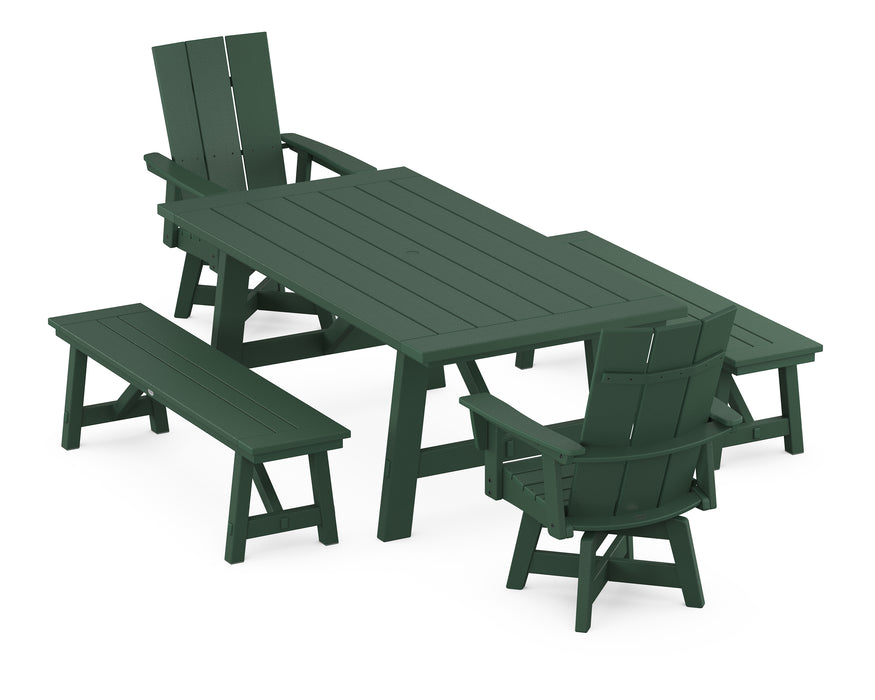 POLYWOOD Modern Curveback Adirondack Swivel Chair 5-Piece Rustic Farmhouse Dining Set With Benches in Green image