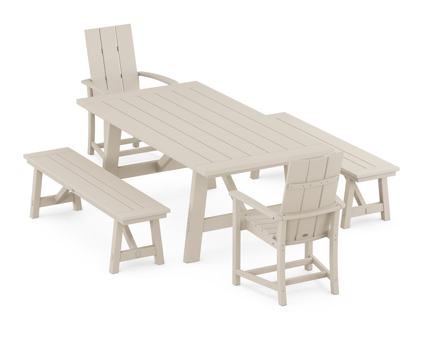 POLYWOOD Modern Adirondack 5-Piece Rustic Farmhouse Dining Set With Benches in Sand