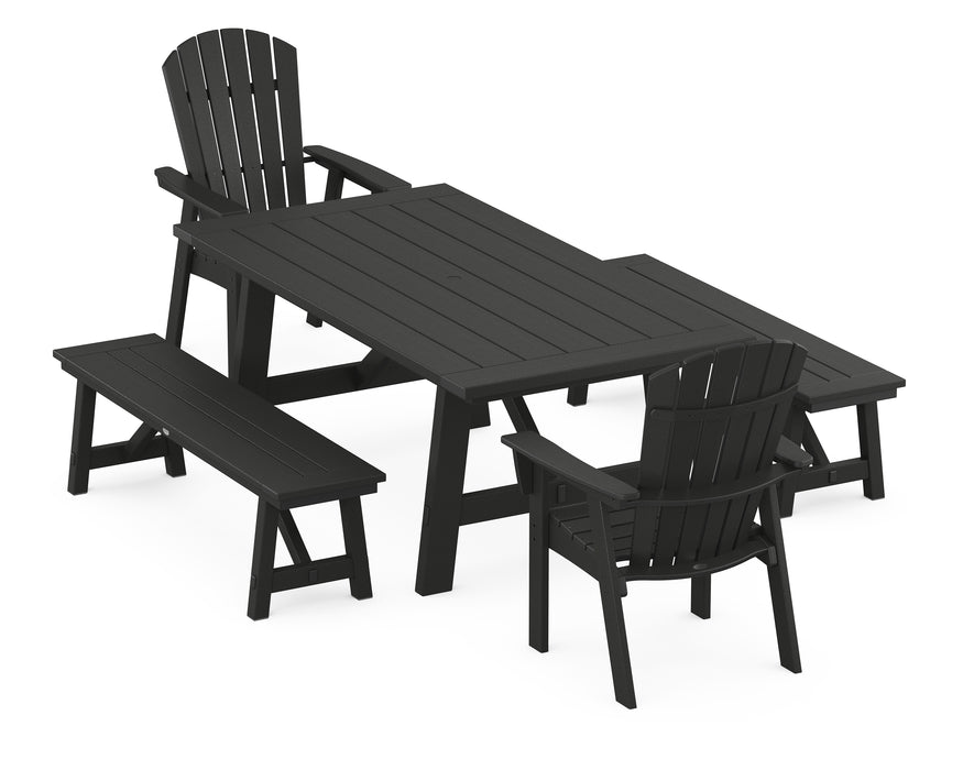 POLYWOOD Nautical Curveback Adirondack 5-Piece Rustic Farmhouse Dining Set With Benches in Black image