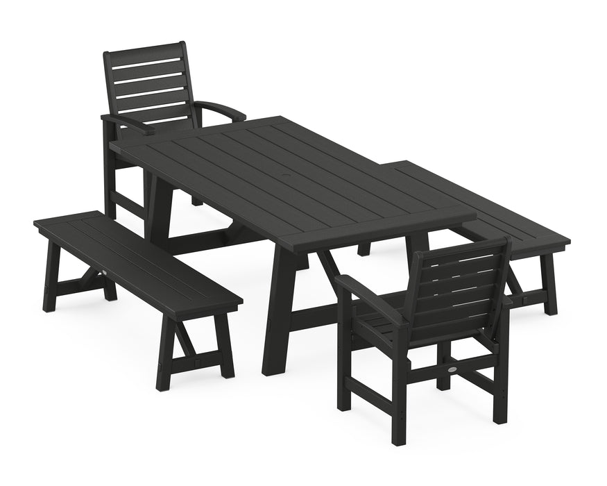 POLYWOOD Signature 5-Piece Rustic Farmhouse Dining Set With Benches in Black image