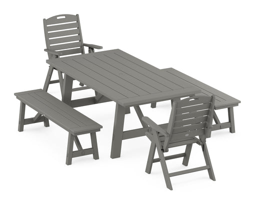 POLYWOOD Nautical Highback Chair 5-Piece Rustic Farmhouse Dining Set With Benches in Slate Grey image