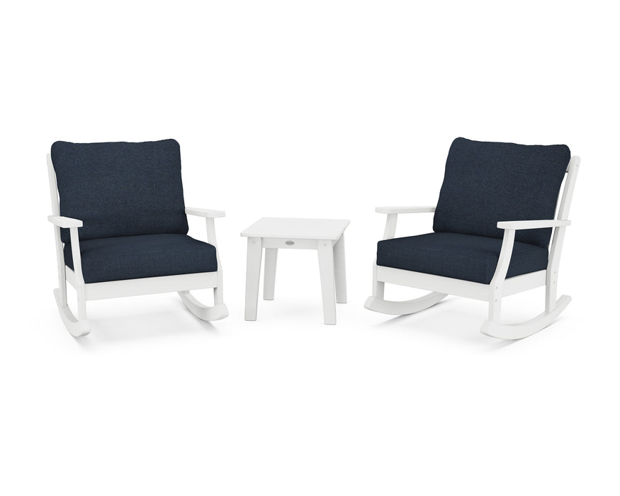 POLYWOOD Braxton 3-Piece Deep Seating Rocker Set in White / Marine Indigo