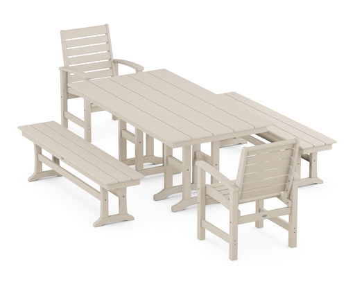 POLYWOOD Signature 5-Piece Farmhouse Dining Set with Benches in Sand image