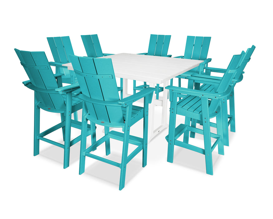 POLYWOOD Modern Curveback Adirondack 9-Piece Farmhouse Trestle Bar Set in Aruba / White image