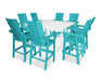 POLYWOOD Modern Curveback Adirondack 9-Piece Farmhouse Trestle Bar Set in Aruba / White image