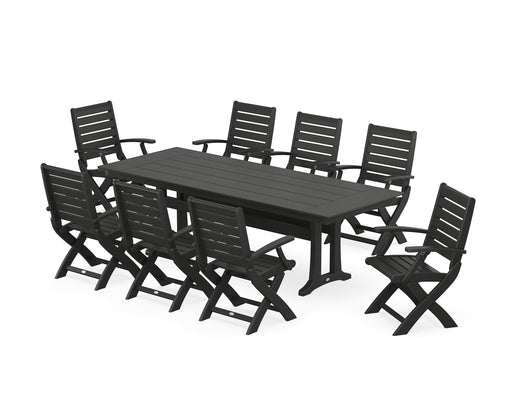 POLYWOOD Signature Folding 9-Piece Farmhouse Trestle Dining Set with Trestle Legs in Black image