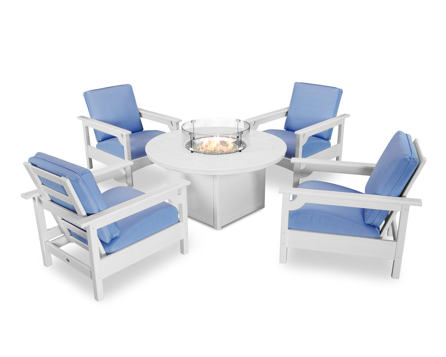 POLYWOOD Club 5-Piece Conversation Set with Fire Pit Table in White / Air Blue