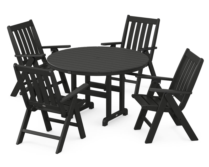 POLYWOOD Vineyard Folding Chair 5-Piece Round Famrhouse Dining Set in Black