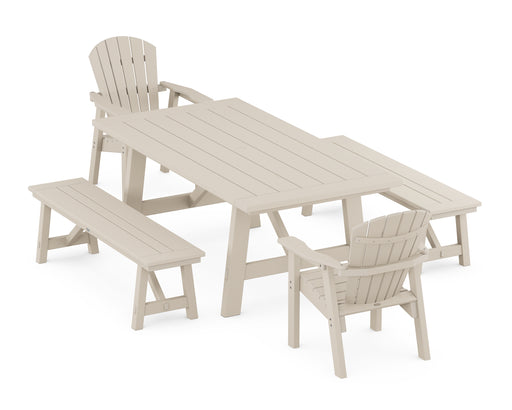 POLYWOOD Seashell 5-Piece Rustic Farmhouse Dining Set With Benches in Sand image