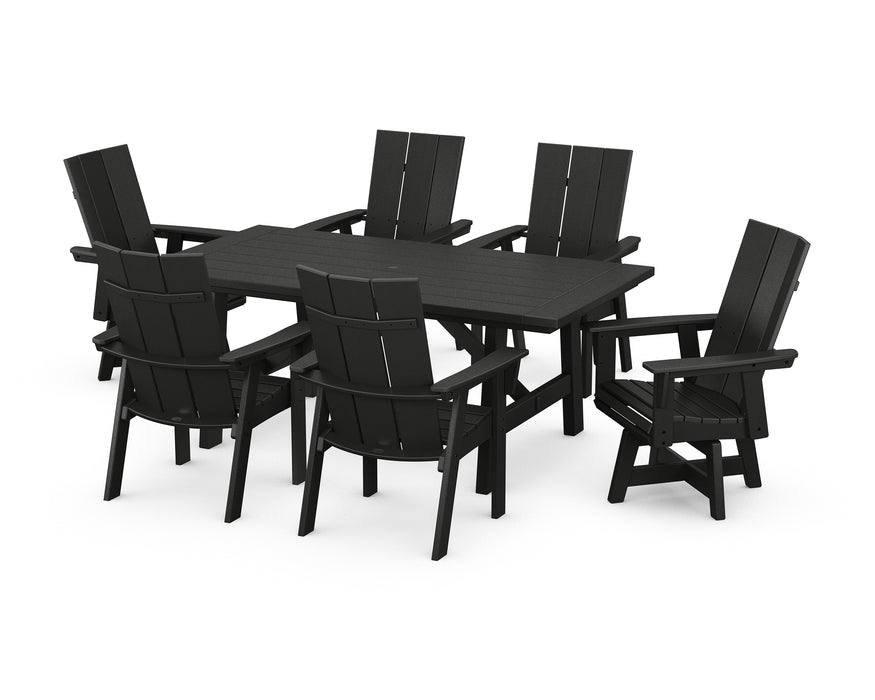 POLYWOOD Modern Curveback Adirondack 7-Piece Rustic Farmhouse Swivel Dining Set in Black image