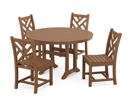 POLYWOOD Chippendale Side Chair 5-Piece Round Dining Set With Trestle Legs in Teak image