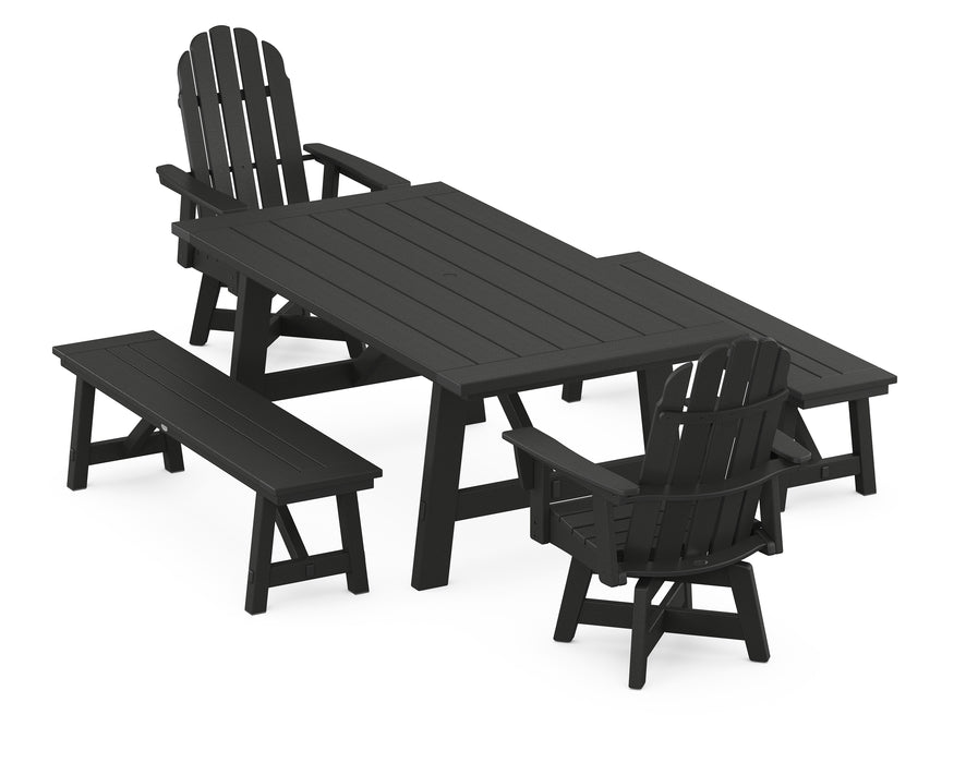 POLYWOOD VineyardCurveback Adirondack Swivel Chair 5-Piece Rustic Farmhouse Dining Set With Benches in Black