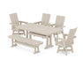 POLYWOOD Modern Curveback Adirondack Swivel Chair 6-Piece Farmhouse Dining Set With Trestle Legs and Bench in Sand image